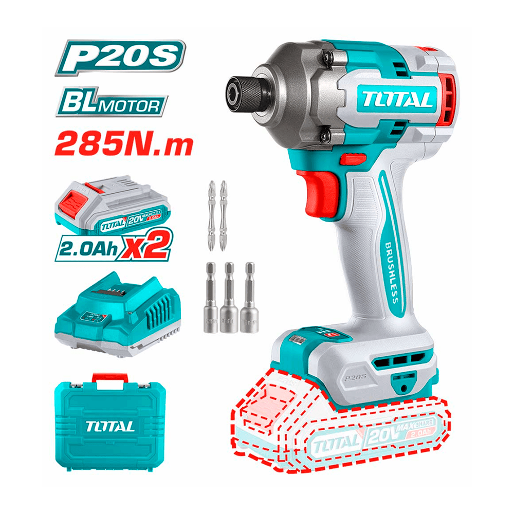 TIRLI2028 Atornillador de impacto 20v BRUSHLESS, 285Nm, con 2 bat, 2 amp total