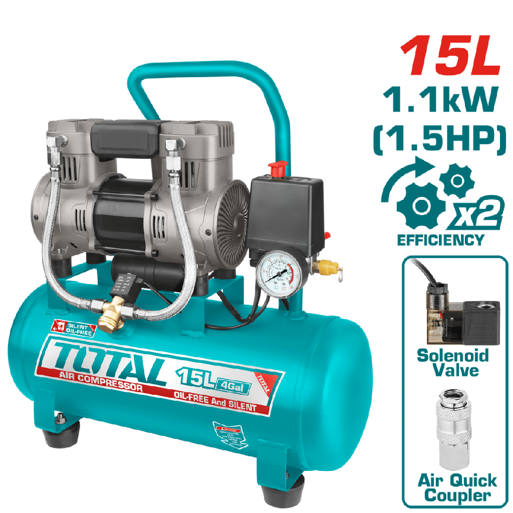 TCS1110152-5 COMPRESORA OIL - FREE 15L 1.5HP 67DB 8BAR 3400RPM TOTAL