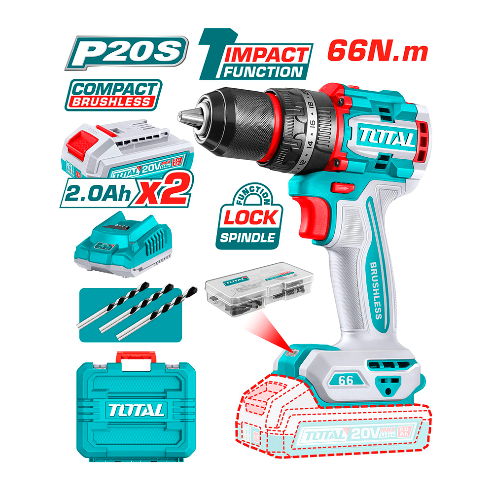 [TIDLI20668] TIDLI20668 Taladro Atornillador PERCUTOR BRUSHLESS 66N.m. 20V c/ Chuck Metálico 13mm TOTAL