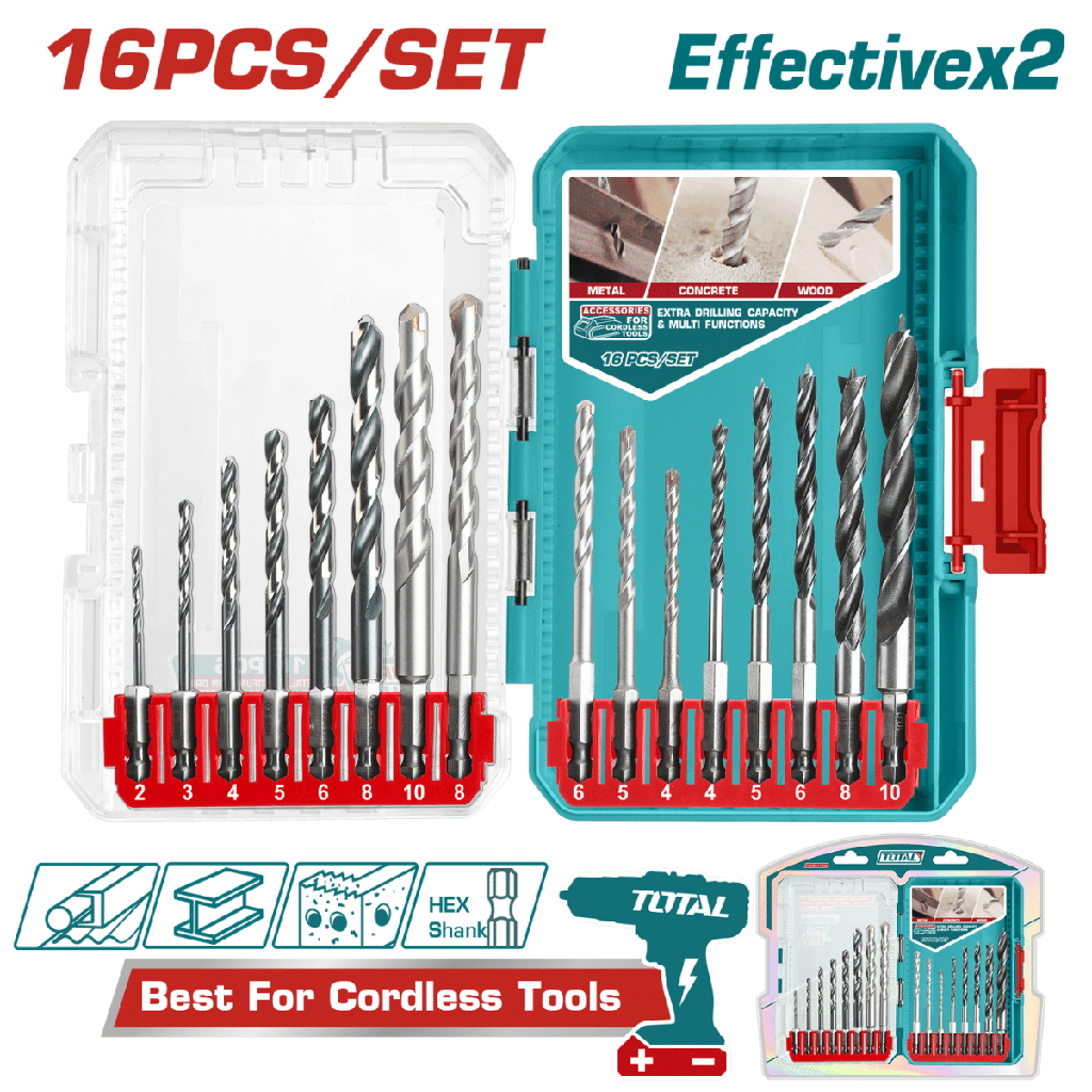 TACSDL11608 JGO X 16PCS Broca para metal, madera y concreto TOTAL