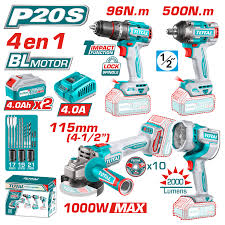 TOSLI241292 Mega Combo Taladro 96N.m + Llave de impacto 500N.m + Amoladoras + Linterna 20V TOTAL