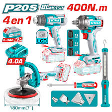TOSLI241182 Mega Combo Llave de  impacto 1/2" + Pulidora +  Pistola de calor digital 20V +  Linterna TOTAL