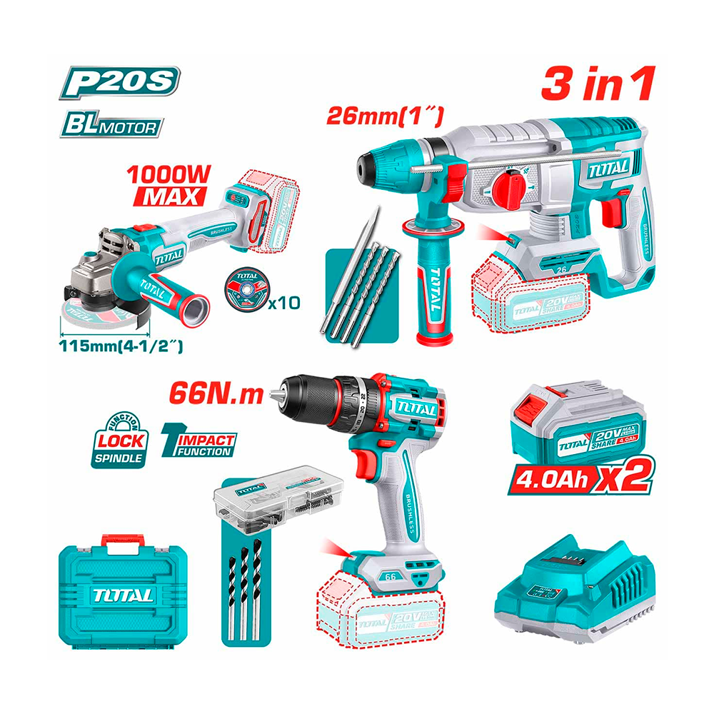 TOSLI241198 Mega Combo INDUSTRIAL Taladro + Amoladora + Rotomartillo Liviano 20V en MALETA TOTAL