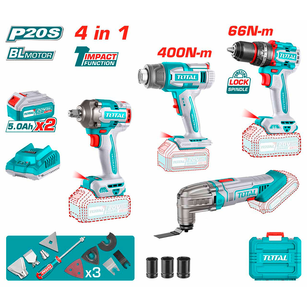 [TOSLI240969] TOSLI240969 Mega Combo Taladro + Llave de impacto +  Osculador + Pistola de calor en MALETA TOTAL