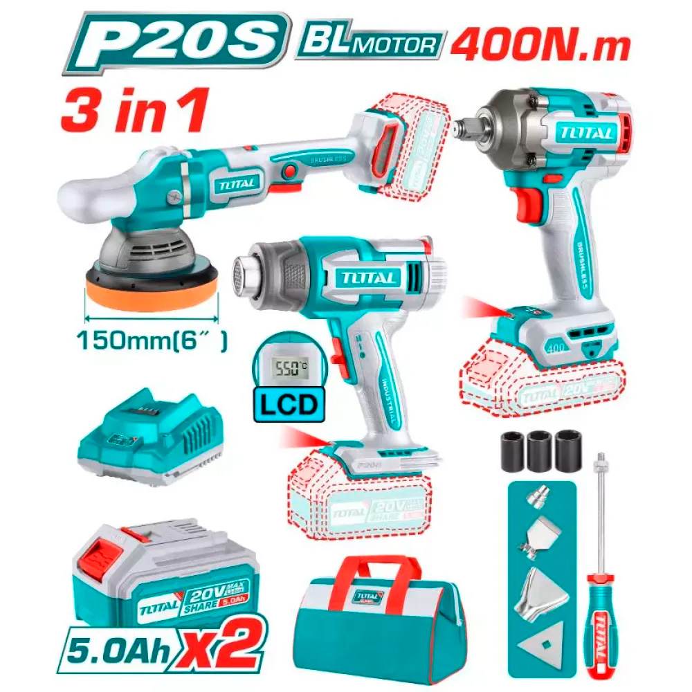 [TOSLI240863] TOSLI240863  Mega Combo Llave de impacto 1/2" + Pulidora +  Pistola de calor digital 20V TOTAL
