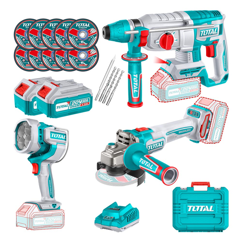 [TOSLI250183] TOSLI250183 Mega Combo Rotomartillo + Amoladora +  Linterna 20V TOTAL