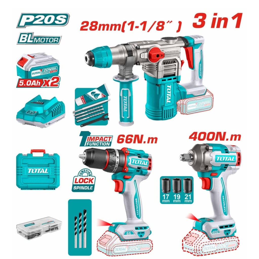 TCKLI20638 Mega Combo Taladro + Llave de impacto +  Rotomartillo 20V en MALETA TOTAL
