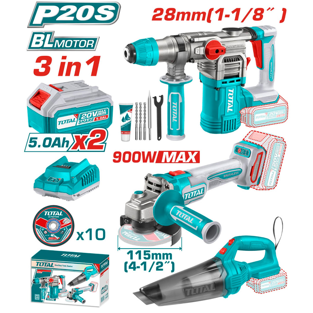 [TOSLI240785] TOSLI240785  Mega Combo Rotomartillo + Amoladora +  Aspiradora 20V en MALETA TOTAL