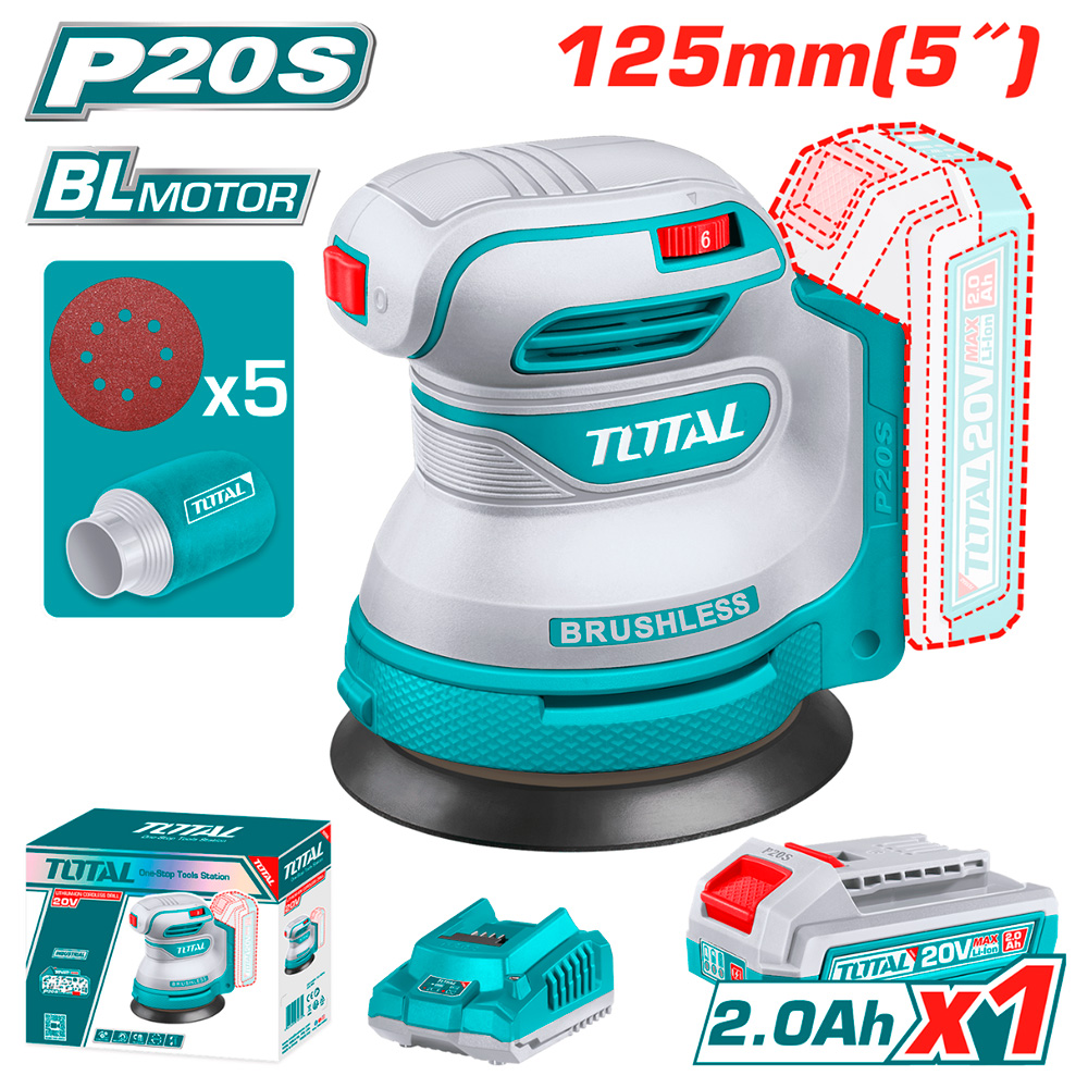 [TROSLI20021] TROSLI20021 Lijadora orbital 5" 20v con 1 Batería 2Amp y  cargado TOTAL
