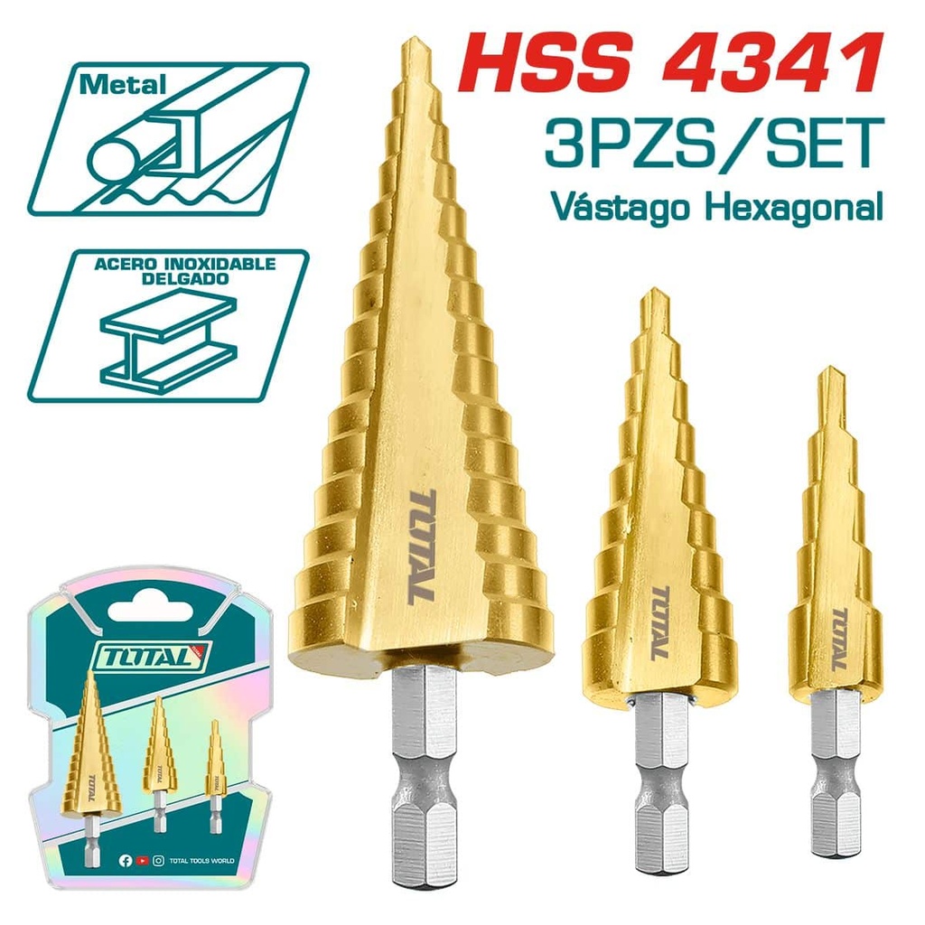TAC80402 Jgo x 3 pcs Broca escalonada CON ENTRADA  HEXAGONAL TOTAL