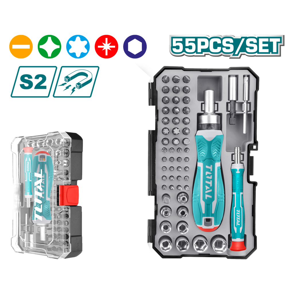 TACSD30556  Jgo x55pcs Desarmador rachet con punteras TOTAL