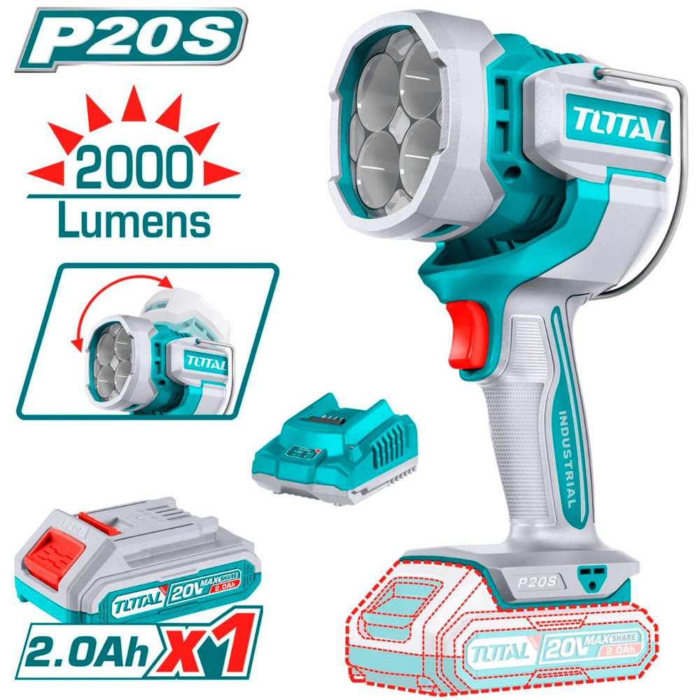 [TWLI20881] TWLI20881 Linterna de trabajo 2000L 20V, con batería y cargador TOTAL