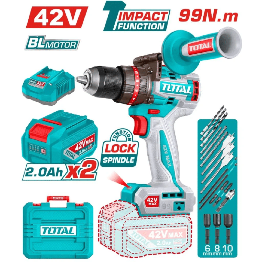 TIDLI429982 Taladro 99N.m. 42V con 2 Batería 2Amp y cargador TOTAL