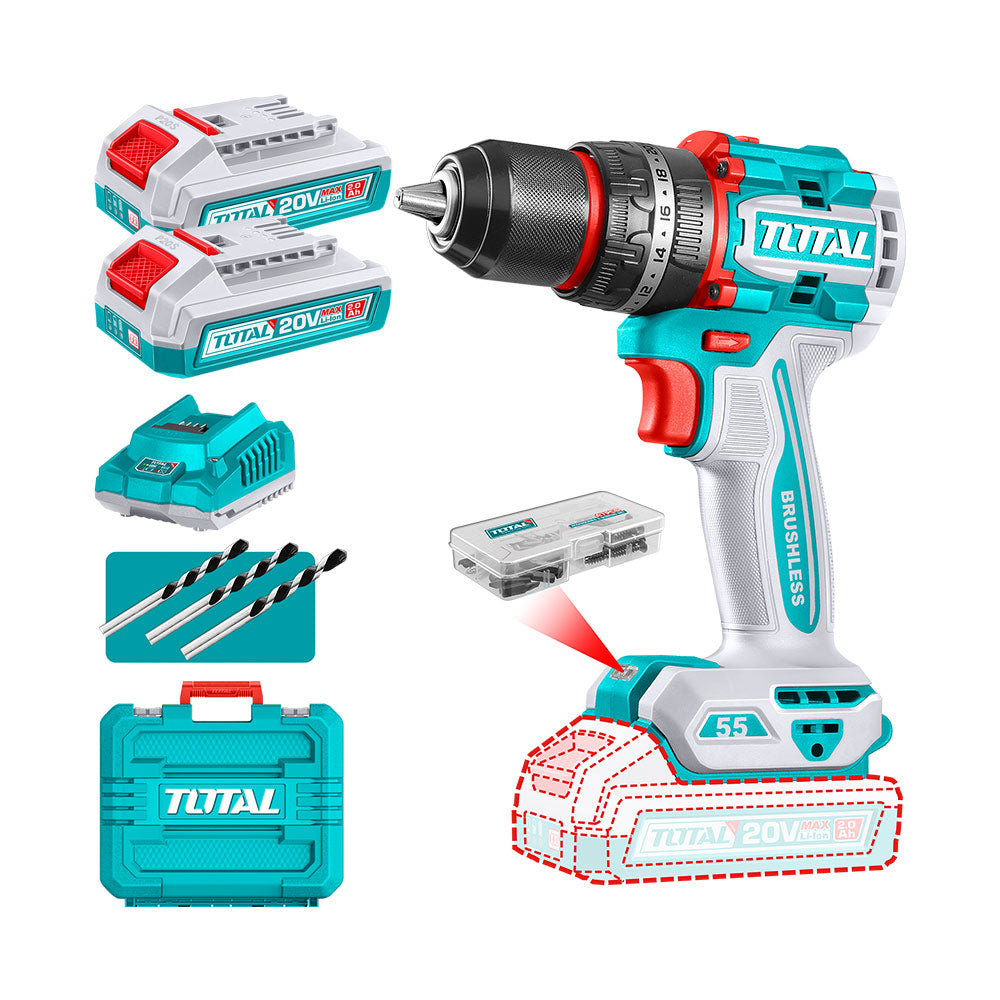 [TIDLI20558] Tidli20558 Taladro Atornillador PERCUTOR BRUSHLESS 55N.m. 20V c/ Chuck Metálico 13mm TOTAL