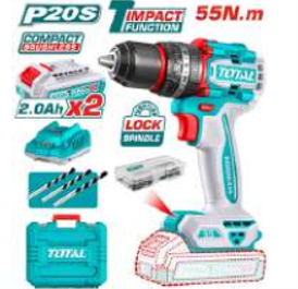 Tidli20558 Taladro Atornillador PERCUTOR BRUSHLESS 55N.m. 20V c/ Chuck Metálico 13mm TOTAL