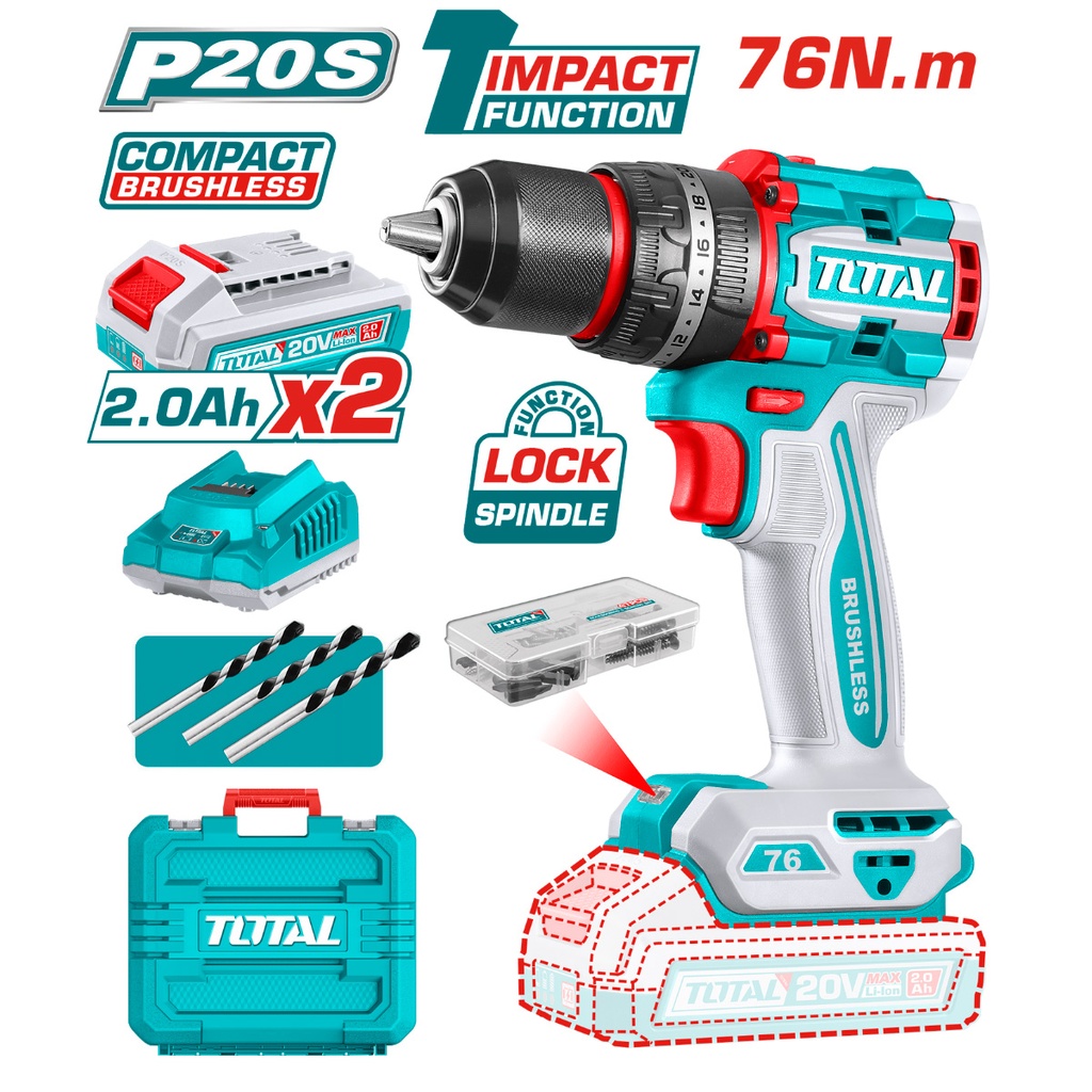 [TIDLI20768] TIDLI20768 Taladro Atornillador PERCUTOR BRUSHLESS 76N.m. 20V c/ Chuck Metálico 13mm TOTAL