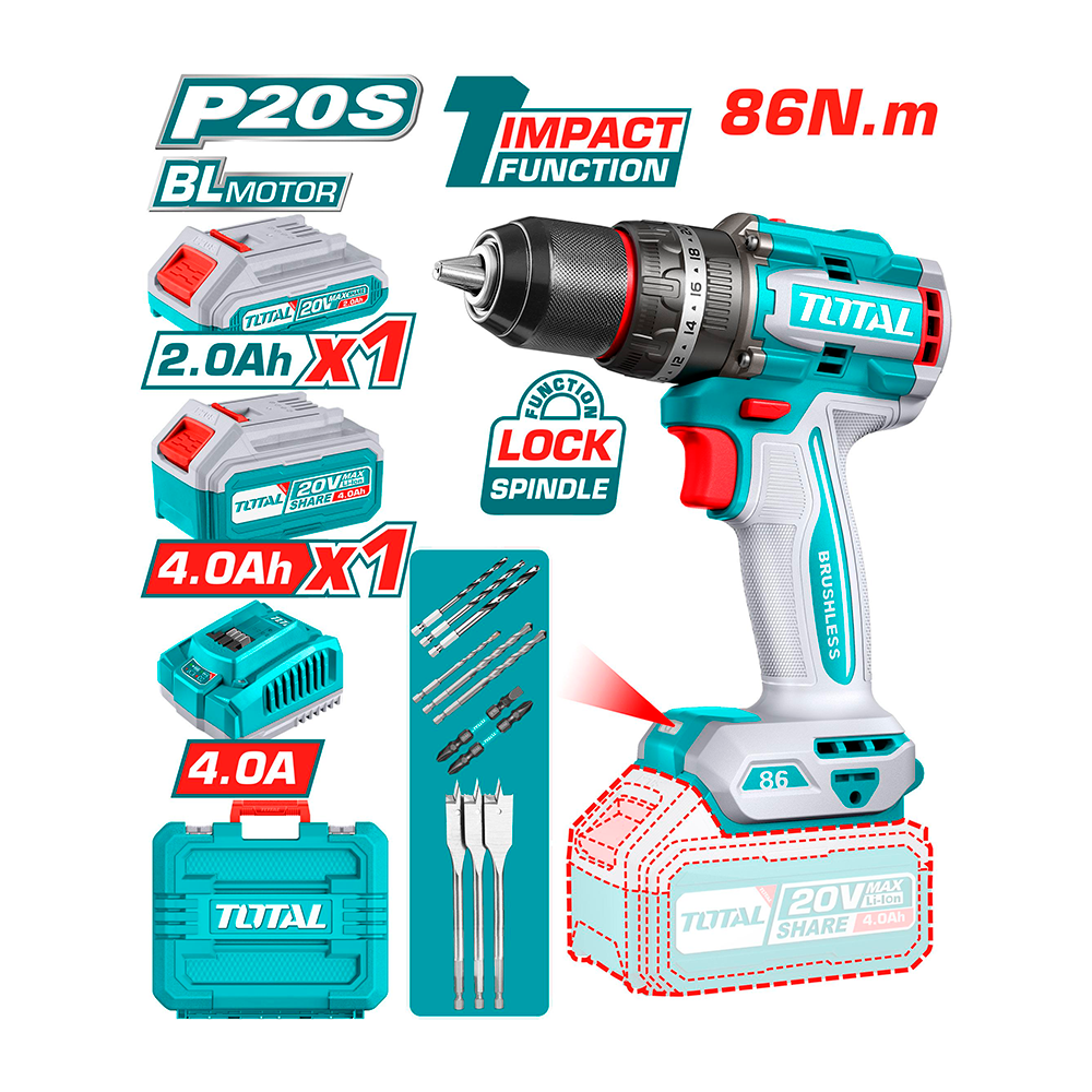 [TIDLI20868] TIDLI20868 Taladro Atornillador PERCUTOR BRUSHLESS 86N.m. 20V c/ Chuck Metálico 13mm TOTAL