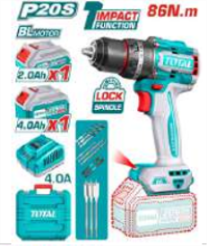 TIDLI20868 Taladro Atornillador PERCUTOR BRUSHLESS 86N.m. 20V c/ Chuck Metálico 13mm TOTAL