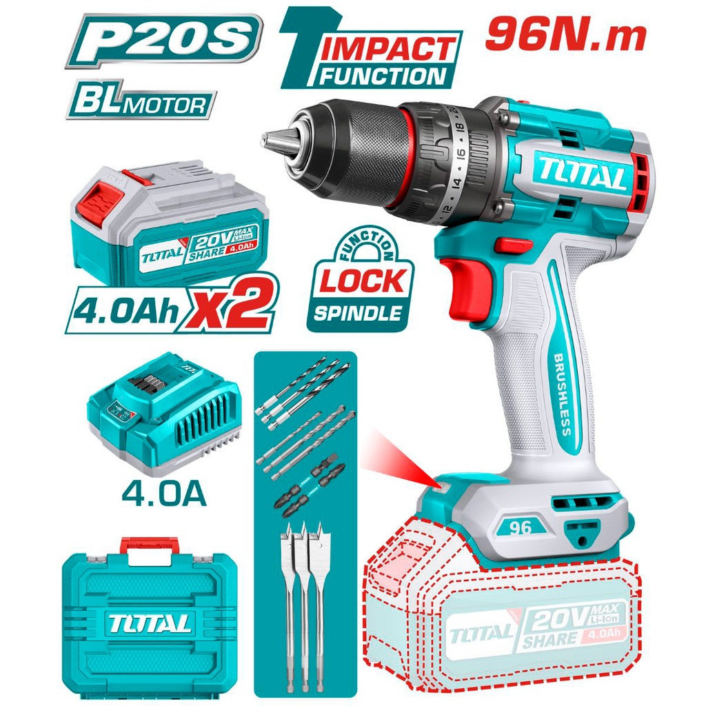[TIDLI20968] TIDLI20968 Taladro Atornillador PERCUTOR BRUSHLESS 96N.m. 20V c/ Chuck Metálico 13mm TOTAL