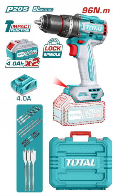 TIDLI20968 Taladro Atornillador PERCUTOR BRUSHLESS 96N.m. 20V c/ Chuck Metálico 13mm TOTAL