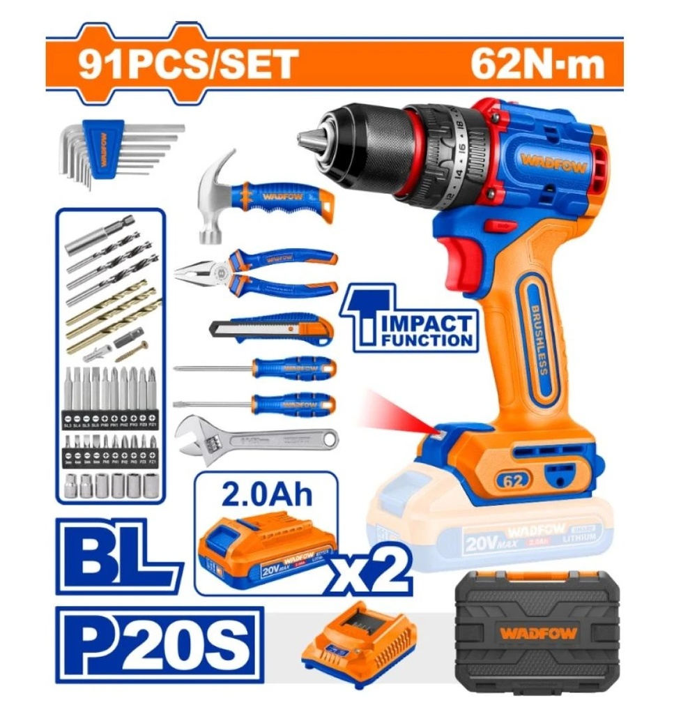 WDT4B91 Taladro 62N.m. 20V en maleta + 91pcs WADFOW