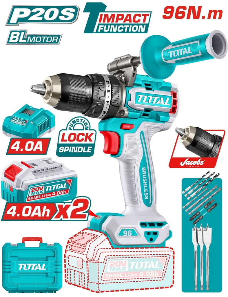 TIDLI209686 Taladro Atornillador  PERCUTOR  BRUSHLESS 96N.m.  20V c/ Chuck Metálico  13mm TOTAL