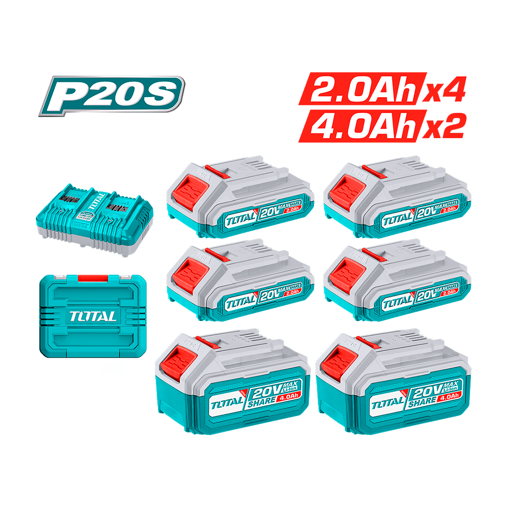 [TOSLI230701] TOSLI230701 Pack de 6 Baterías 20V (4 de 2Amp y 2 de 4Amp) más cargador doble TOTAL
