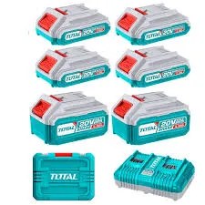 TOSLI230701 Pack de 6 Baterías 20V (4 de 2Amp y 2 de 4Amp) más cargador doble TOTAL