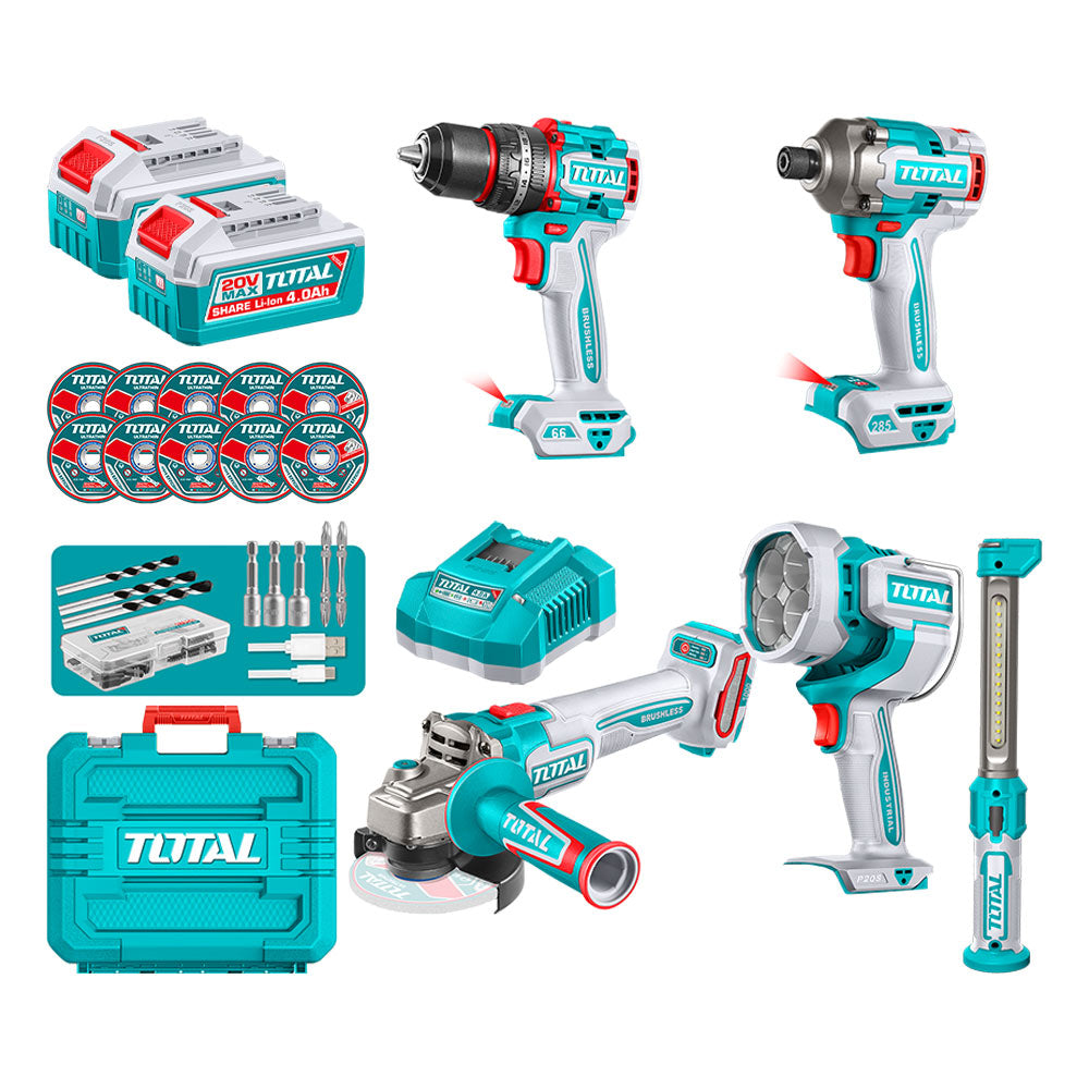 [TOSLI250692] TOSLI250692 Mega Combo Taladro 66N.m. + Atornillador de Impacto + Amoladora + Linterna 20V