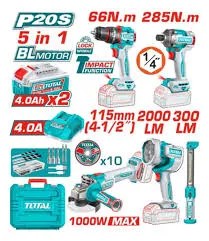 TOSLI250692 Mega Combo Taladro 66N.m. + Atornillador de Impacto + Amoladora + Linterna 20V