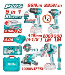 TOSLI250692 Mega Combo Taladro 66N.m. + Atornillador de Impacto + Amoladora + Linterna 20V