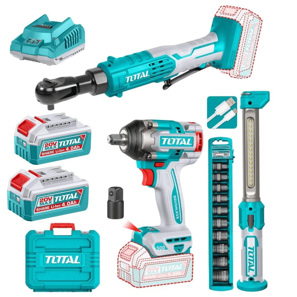 TOSLI250981 Mega Combo Llave de Impacto 1/2" 500N.m. + Llave chicharra + Linterna TOTAL