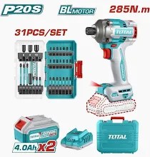 TOSLI240966 Atornillador de impacto 20v BRUSHLESS, 285Nm, con 2 bat, 4 amp. + Punteras de impacto