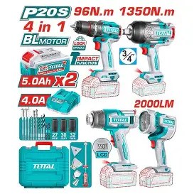 TOSLI250608 Mega Combo Llave de Impacto 1350N.m. + Llave de Impacto 96N.m. + Pistola de Calor + Lámpara 20V