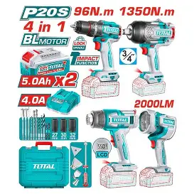 TOSLI250608 Mega Combo Llave de Impacto 1350N.m. + Llave de Impacto 96N.m. + Pistola de Calor + Lámpara 20V
