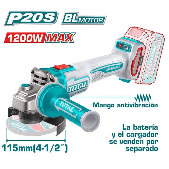 TAGLI212025 Amoladora 4 1/2" BL 20V PESADA c/ mango ANTI VIBRATORIO