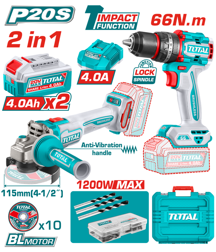 [TCKLI20256] TCKLI20256 Combo taladro 66 N.m 20v y amoladora angular en MALETA