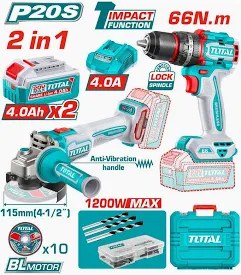 TCKLI20256 Combo taladro 66 N.m 20v y amoladora angular en MALETA