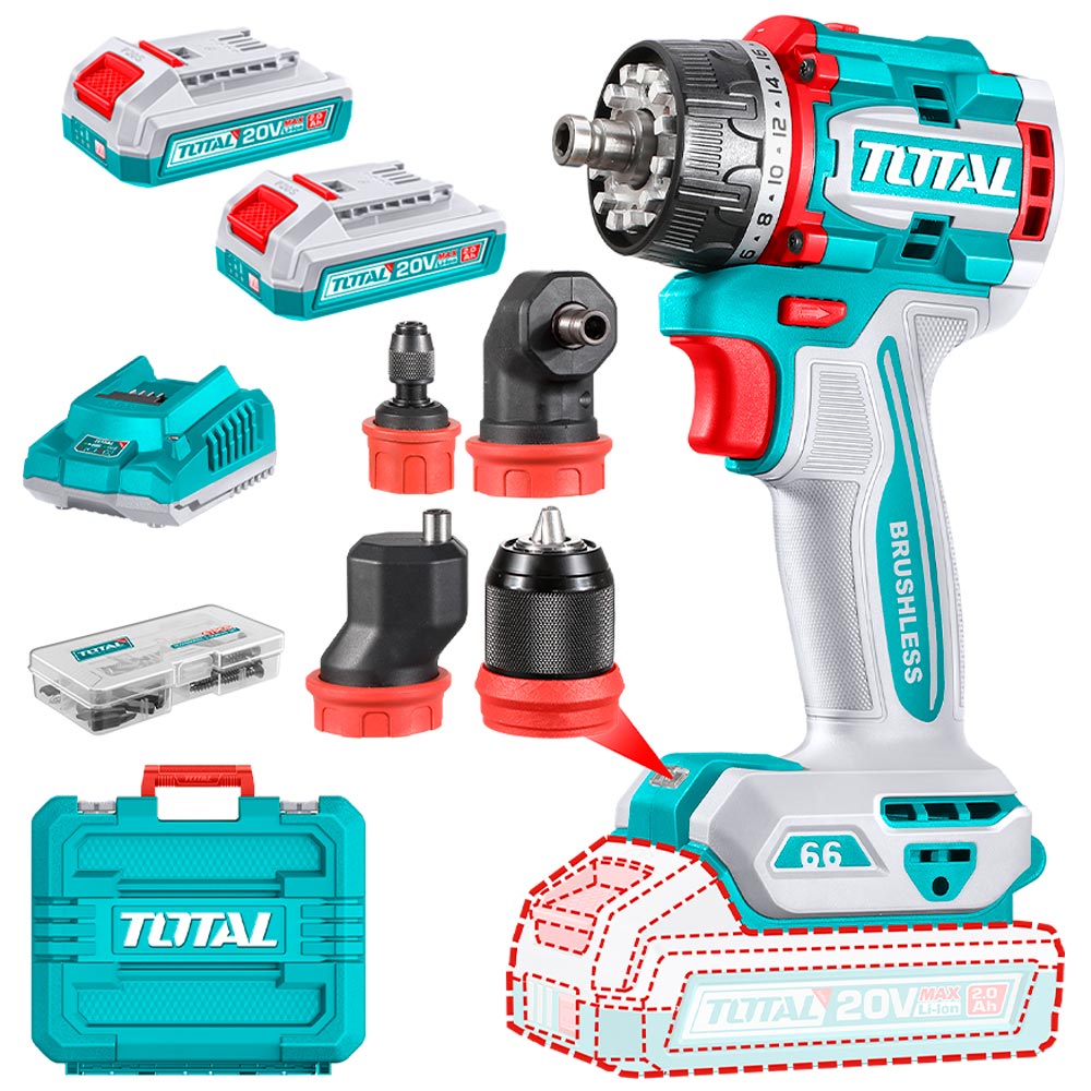 TDLI206686 Atornillador BRUSHLESS 66N.m. 20V c/ Chuck Metálico 13mm con adaptadores TOTAL