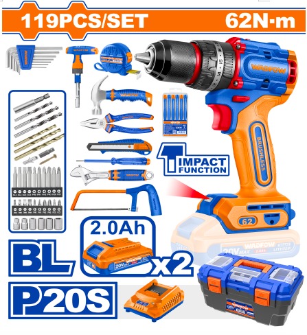 [WDT4B119] WDT4B119 Taladro 62N.m. 20V en maleta + 119pcs WADFOW