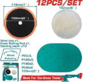 TAC15012 Jgo x12pcs de Base, lijas y mota para pulidora TOTAL