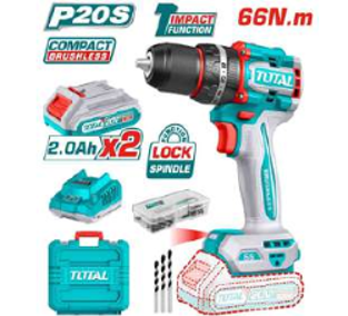 TDLI20668 Taladro Atornillador PERCUTOR BRUSHLESS 66N.m. 20V c/ Chuck Metálico 13mm TOTAL