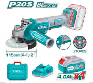 TAGLI2111561 Amoladora BL 20V con botón seguridad, 1 bat 4 amp y cargador, maletaTOTAL
