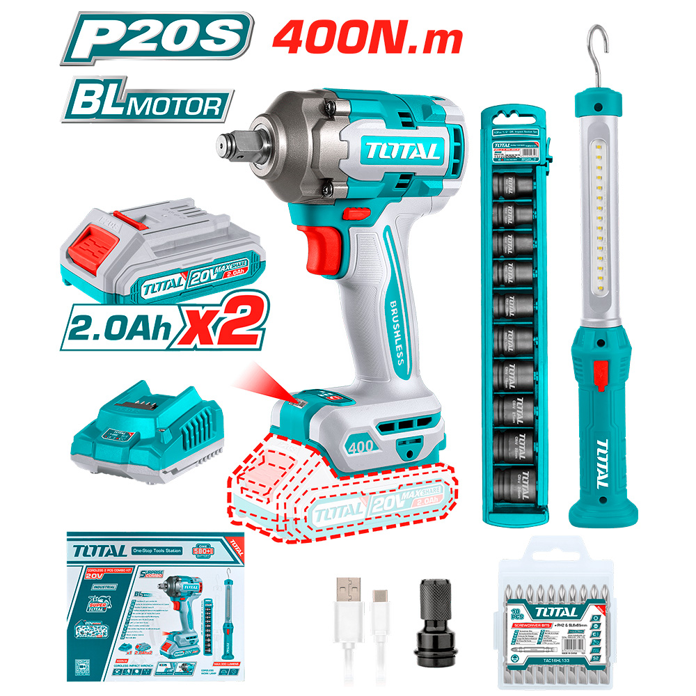 [TOSLI23048] TOSLI23048 Mega Combo  Llave de Impacto 400N.m. 20V + Dados Impacto + Lámpara TOTAL