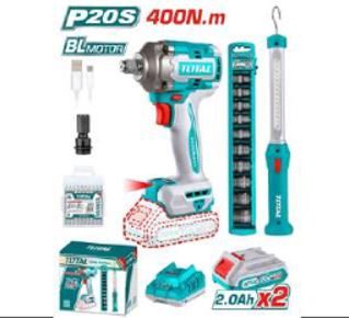 TOSLI23048 Mega Combo  Llave de Impacto 400N.m. 20V + Dados Impacto + Lámpara TOTAL