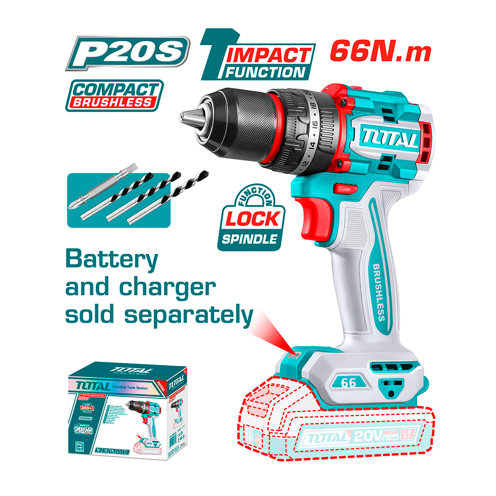 [TIDLI206681] TIDLI206681 Taladro Atornillador BRUSHLESS 66N.m. 20V c/ Chuck Metálico 13mm SOLO CABEZALTOTAL