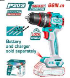 TIDLI206681 Taladro Atornillador BRUSHLESS 66N.m. 20V c/ Chuck Metálico 13mm SOLO CABEZALTOTAL