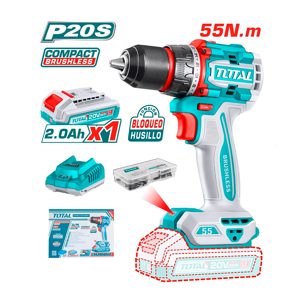 [TDLI205582] TDLI205582 Atornillador PERCUTOR BRUSHLESS 55N.m. 20V c/ Chuck Metálico 13mm con 1 bateríaTOTAL