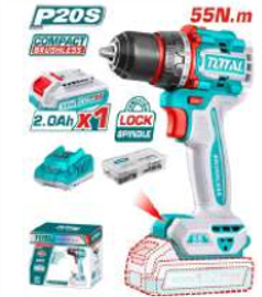 TDLI205582 Atornillador PERCUTOR BRUSHLESS 55N.m. 20V c/ Chuck Metálico 13mm con 1 bateríaTOTAL