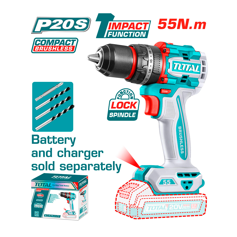 [TIDLI205581] TIDLI205581 Taladro Atornillador BRUSHLESS 55N.m. 20V c/ Chuck Metálico 13mm SOLO CABEZAL TOTAL